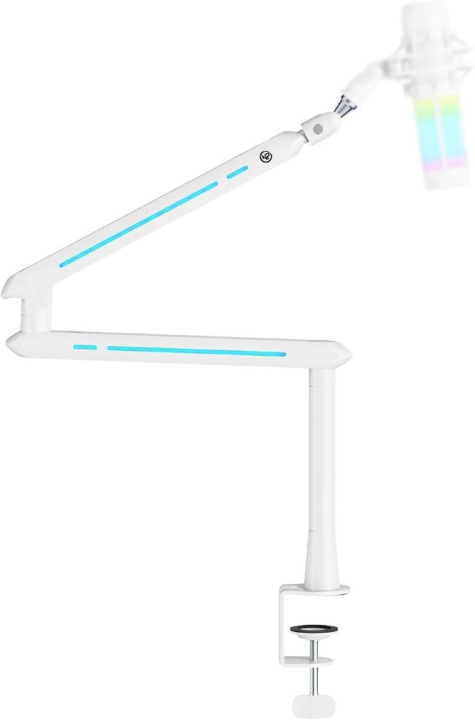 NPO STD191LW Elysium RGB Mikrofon Tutucu, Profesyonel Yayıncı Kolu, Amortisörlü Boom Arm Standı, 2kg Kapasite, Beyaz