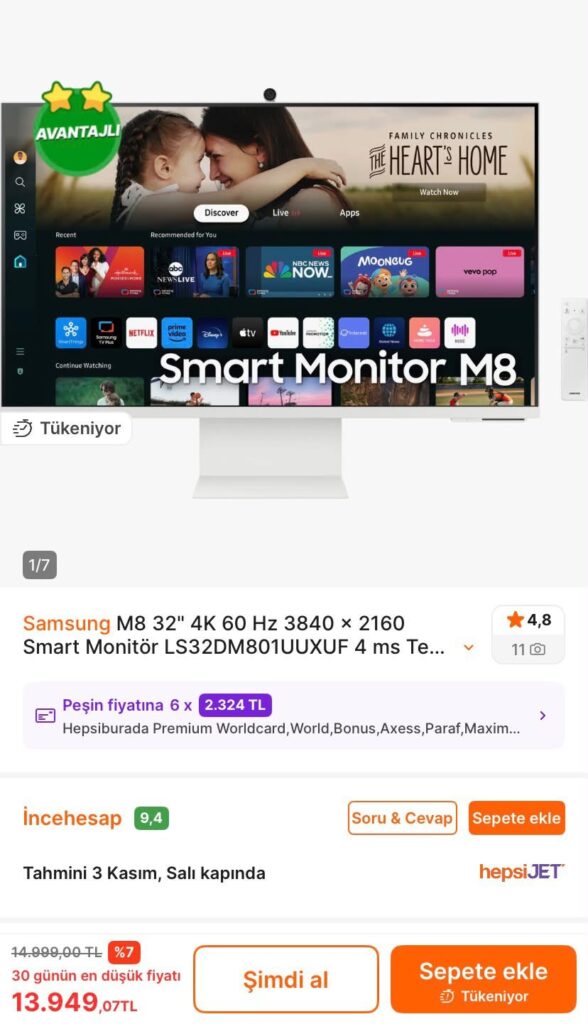 Samsung M8 32” 4K 60 Hz 3840 x 2160 Smart Monitör 4 ms
